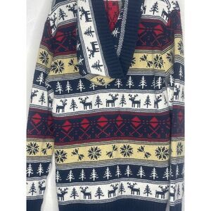 Picture Organic Clothing Fair Isle Hooded Cardigan Sweater Wool Blend Navy Red S
